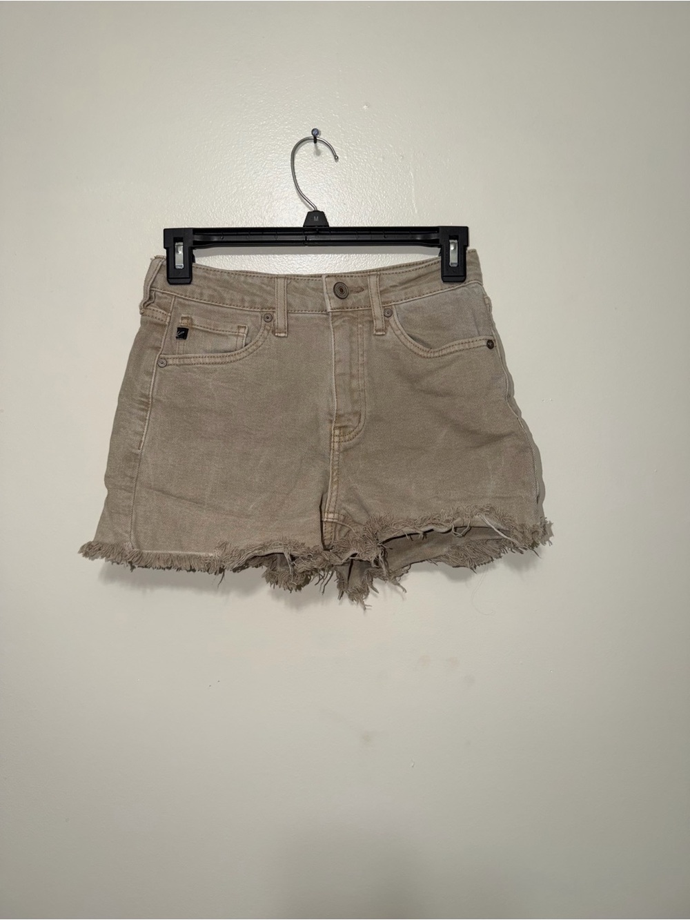 KanCan High-Rise Raw Hem Denim Shorts in Taupe